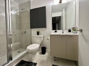 Hair dryer, towels, soap, shampoo