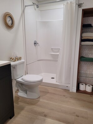 Shower, hair dryer, towels, soap