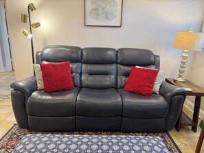 A black leather sofa with red and white cushions, a patterned rug, a floor lamp, and a framed botanical print on the wall.