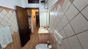 Secador de cabelo, bidê, toalhas de banho, sabonete