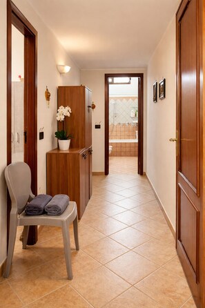 Hair dryer, bidet, towels, soap