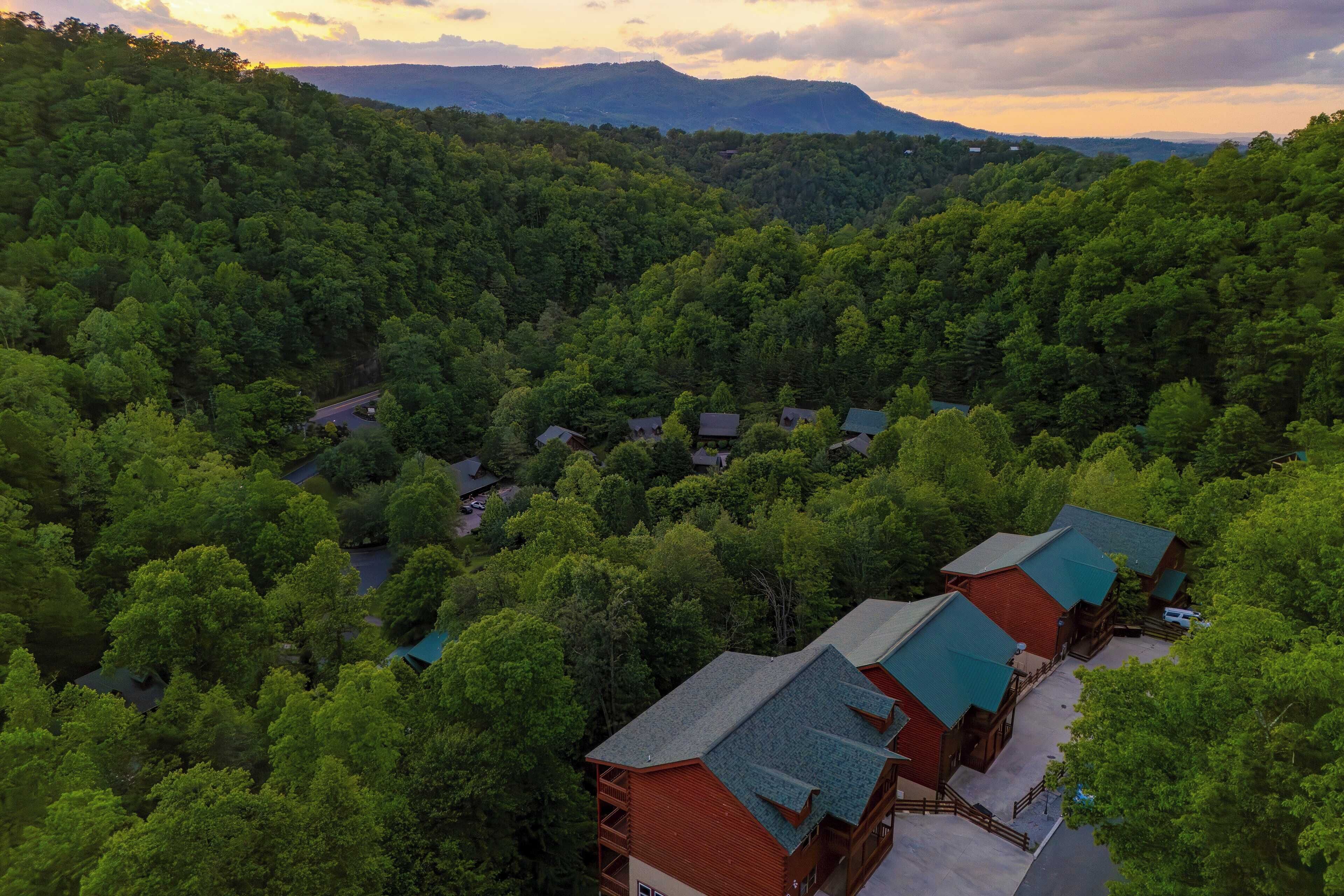 A lodge surrounded by dense forest, with multiple buildings featuring red and green roofs.