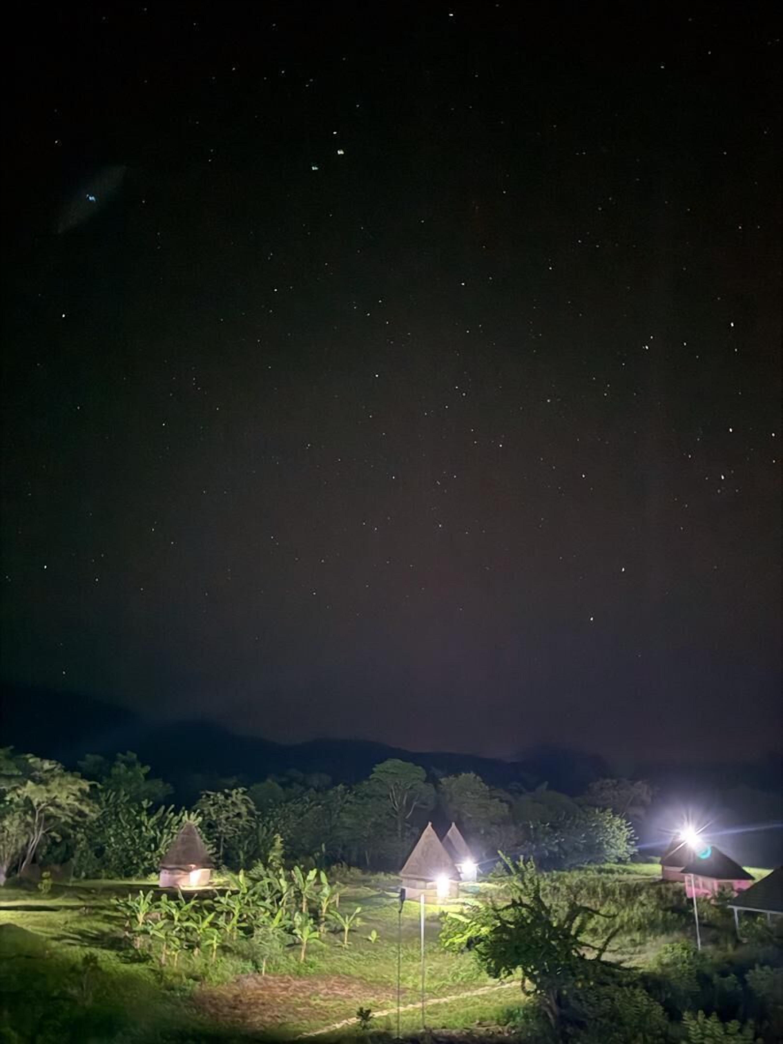 A night sky with stars, illuminated houses, and a path leading to the houses.