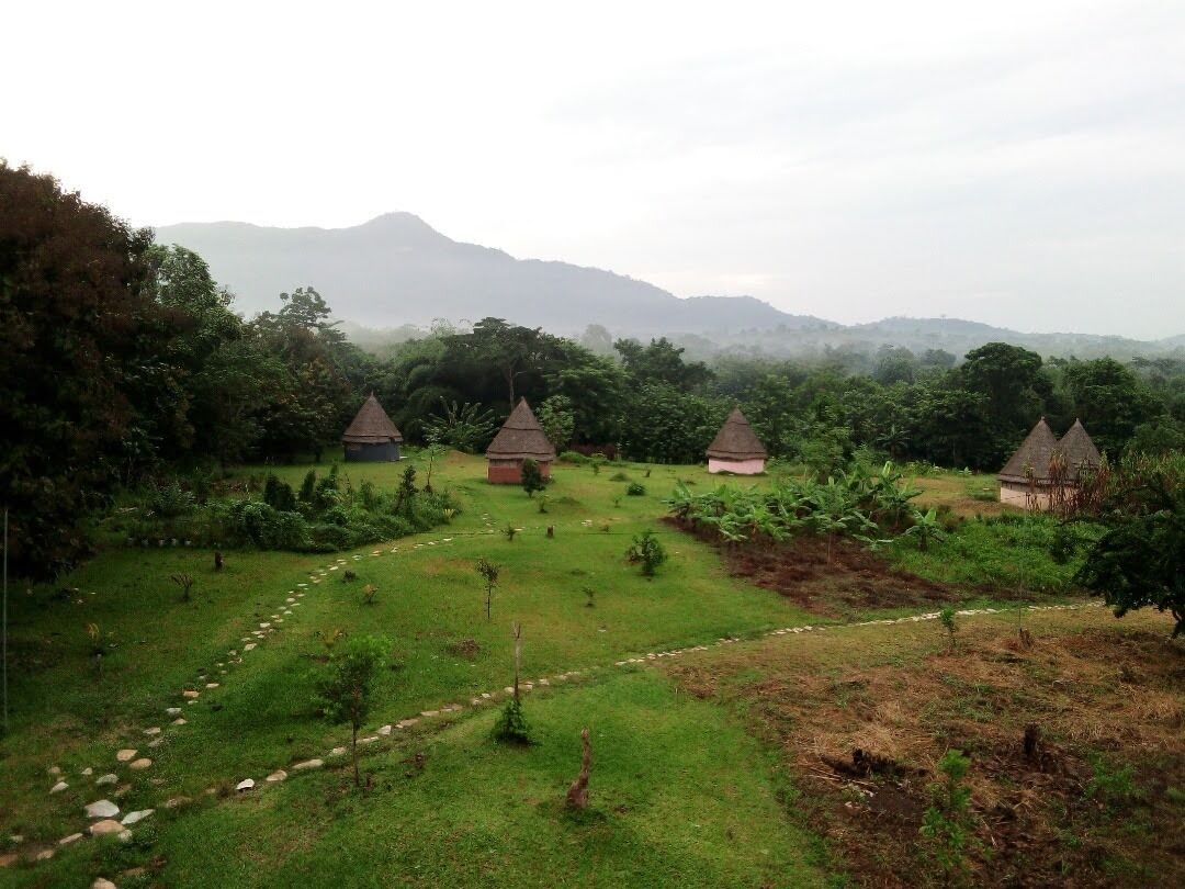 A rural landscape with several thatched-roof huts scattered across a grassy field, surrounded by dense vegetation and mountains in the background.
