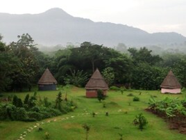 Un paisaje rural con tres chozas de techo de paja y abundante vegetación.