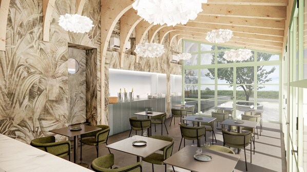 A restaurant interior with high ceilings, wooden beams, and large windows offering a view of the outdoors. Tables and chairs are arranged for dining. - Tenuta Asmara Luxury Resort (San Miniato)