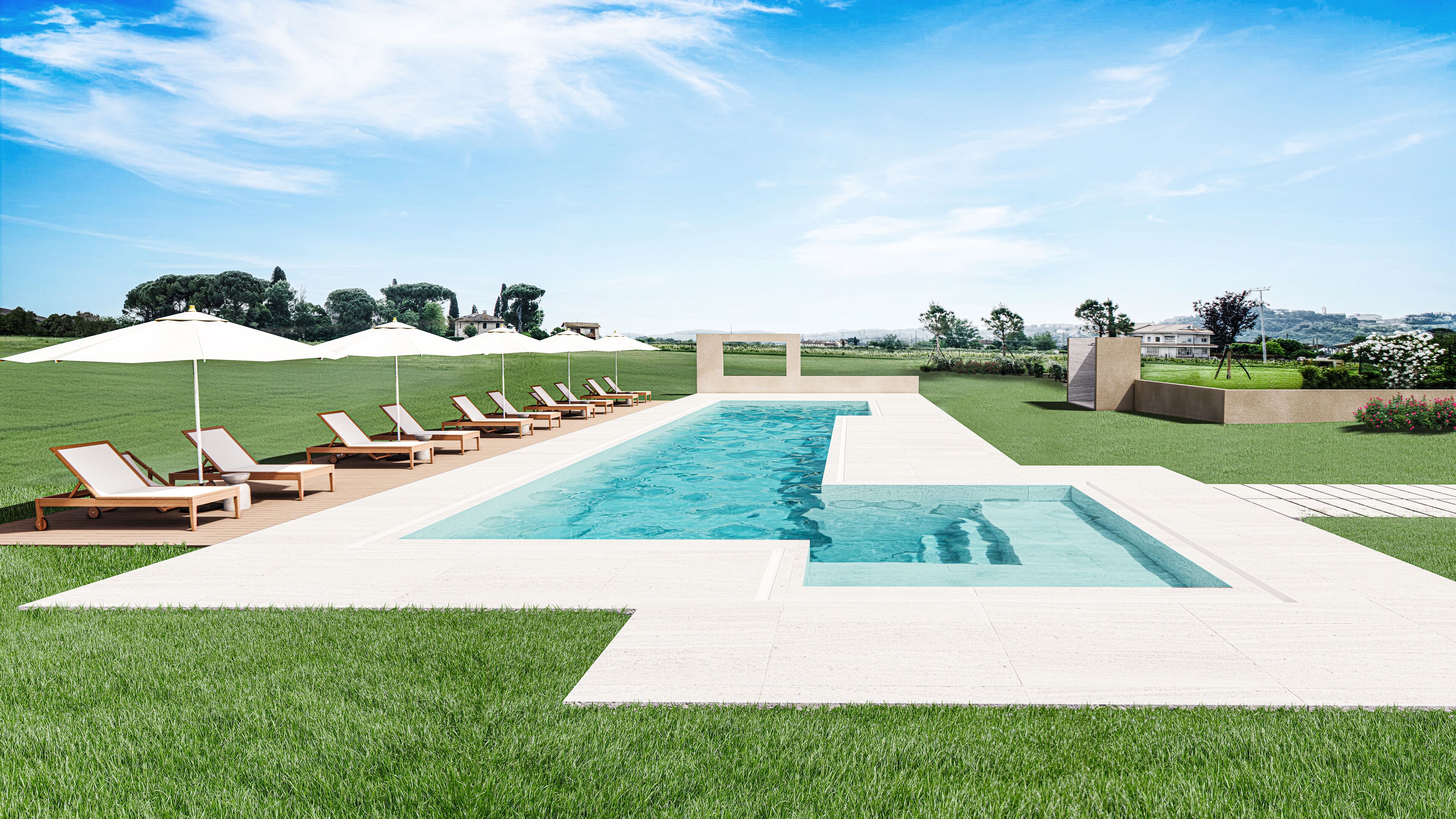 Piscina stagionale all'aperto, ombrelloni da piscina, lettini