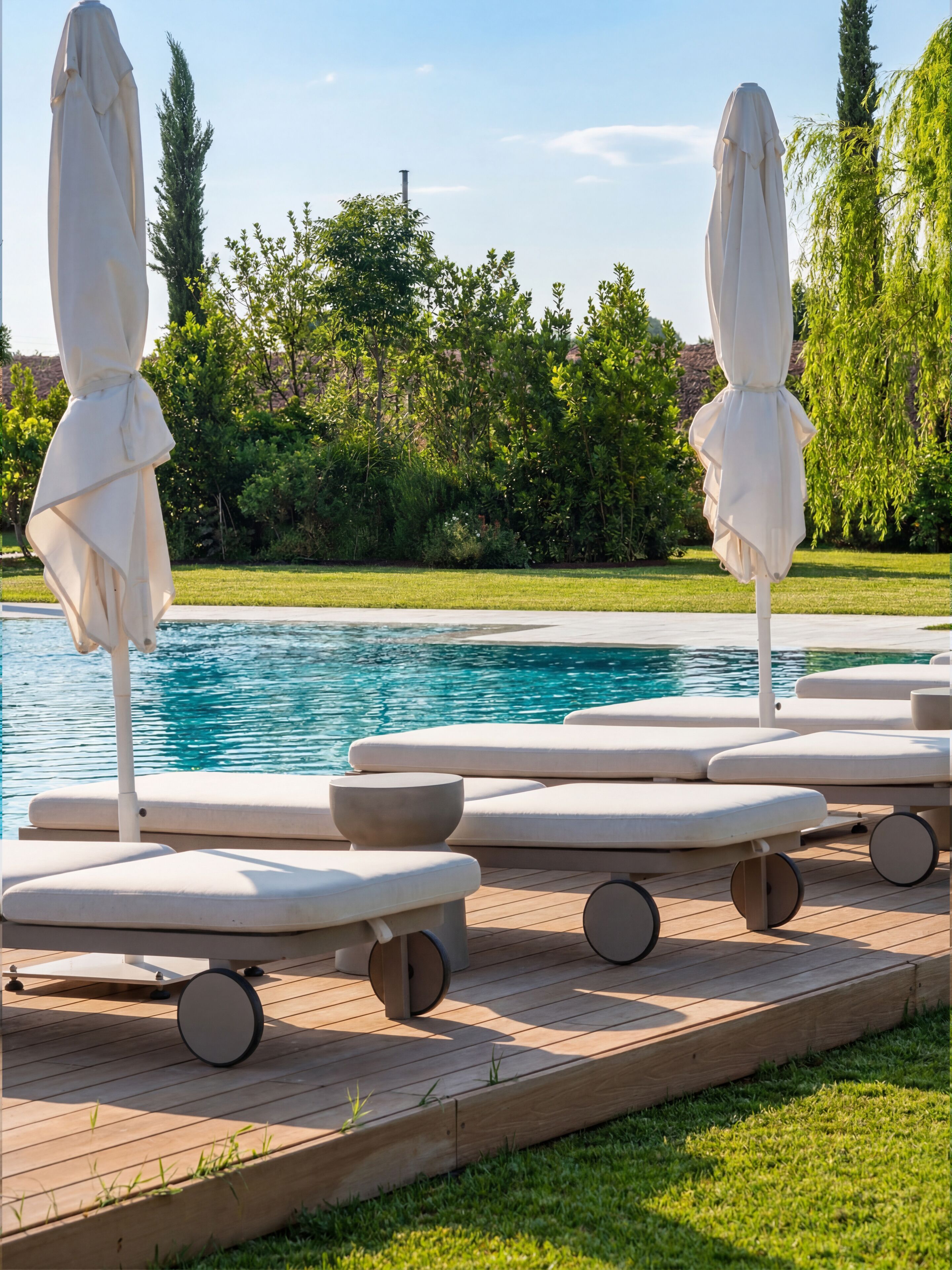 Una piscina al aire libre de temporada, sombrillas