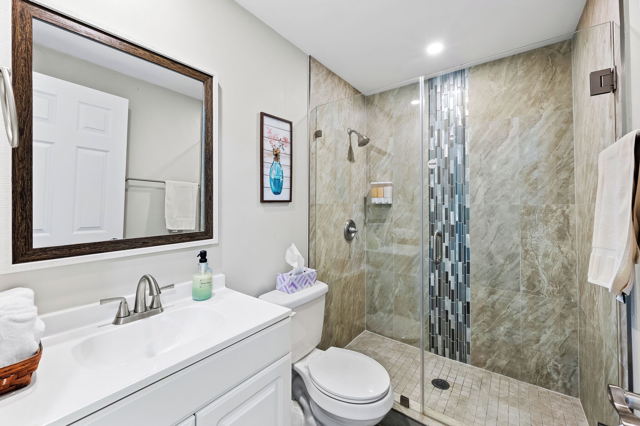 Shower, towels, toilet paper