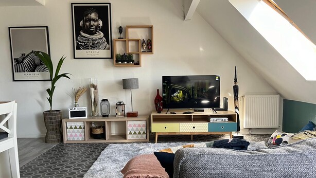 Ett modernt vardagsrum med en tv, trähyllor och en växt.