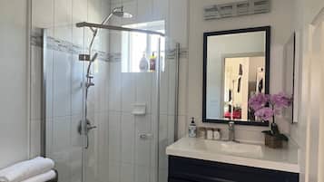 Shower, hair dryer, towels, soap
