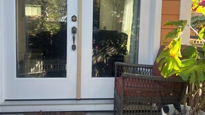 A front door with a glass panel, a wicker chair, a potted plant, and a doormat.