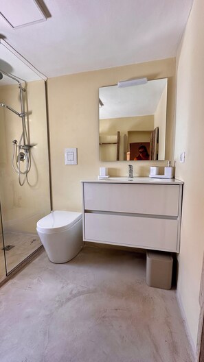 Een moderne badkamer met een douche in een glazen cabine, een wit toilet en een wastafel met spiegel.
