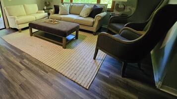 Smart TV, fireplace, books