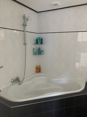 Hair dryer, towels, soap, toilet paper