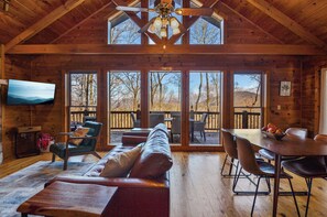 TV, fireplace - Serene Mountain View Retreat. Pool, Firepit & Hot tub, Fireplace Dogs Welcome! (Ellijay)