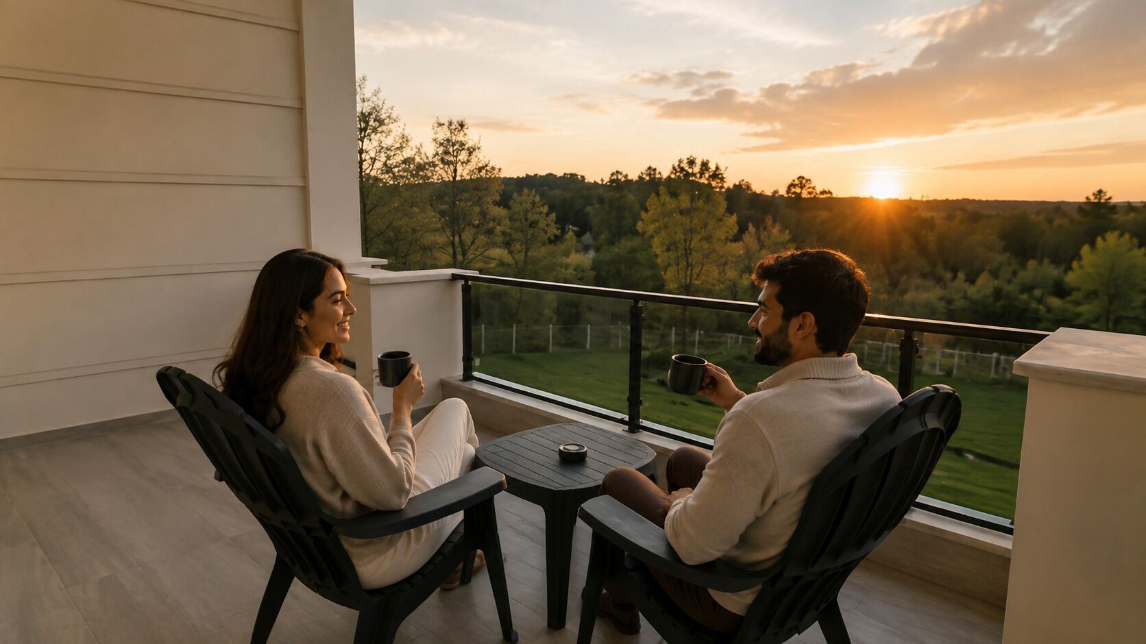 Una pareja sentada en una mesa en un balcón con vista a la puesta de sol sobre un paisaje boscoso.