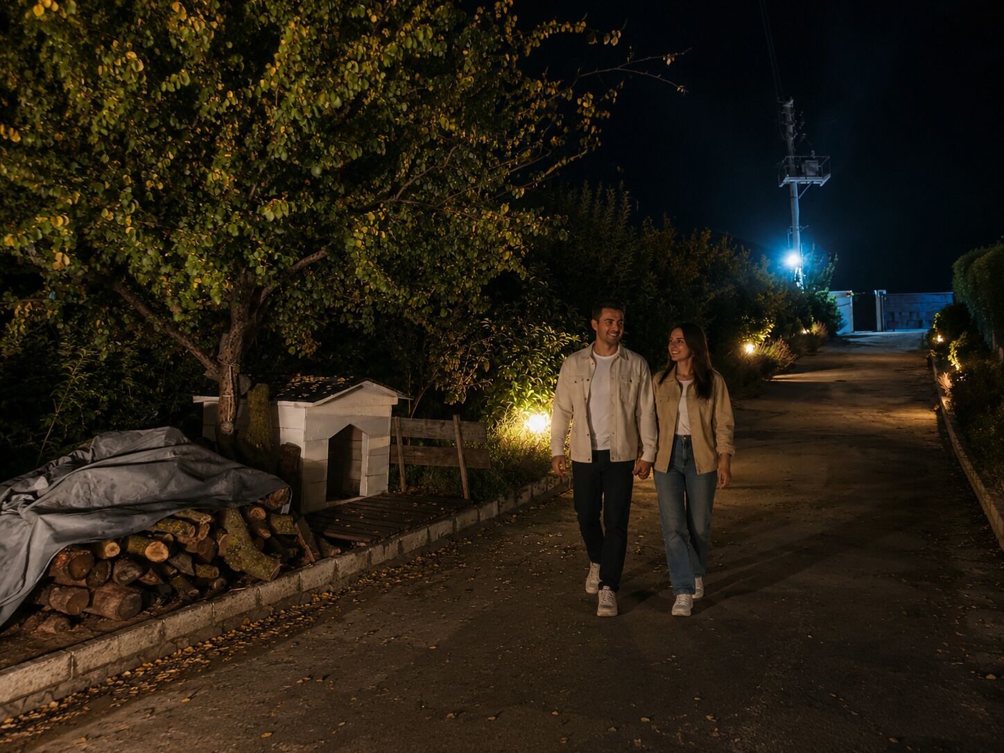 A couple walking on a dimly lit road at night.