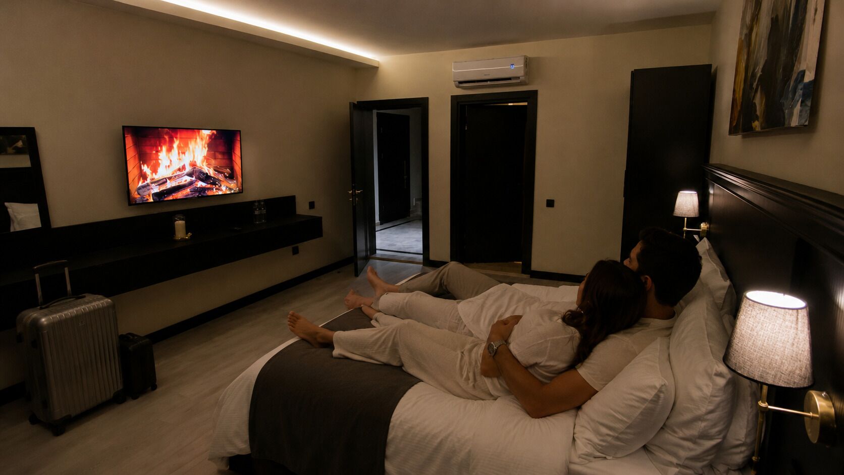 Habitació d'hotel amb un llit, una televisió que mostra un foc, un aparell d'aire condicionat i una làmpada.