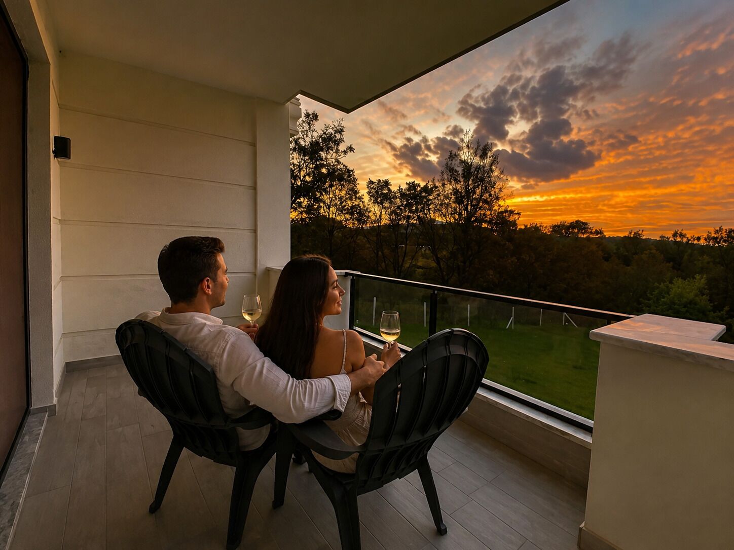 A couple seated on a balcony with a view of a sunset over a landscape.