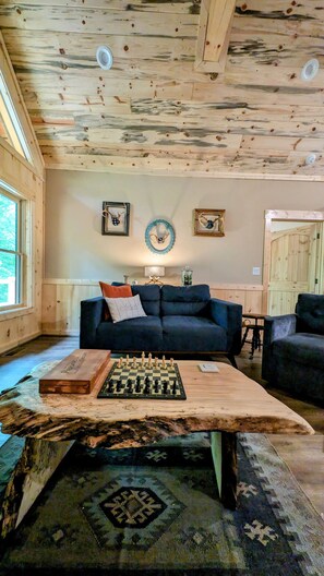 Smart TV, chimenea, libros