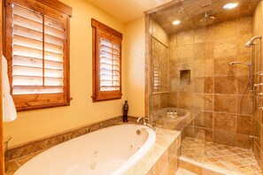 Shower, jetted tub, hair dryer, towels