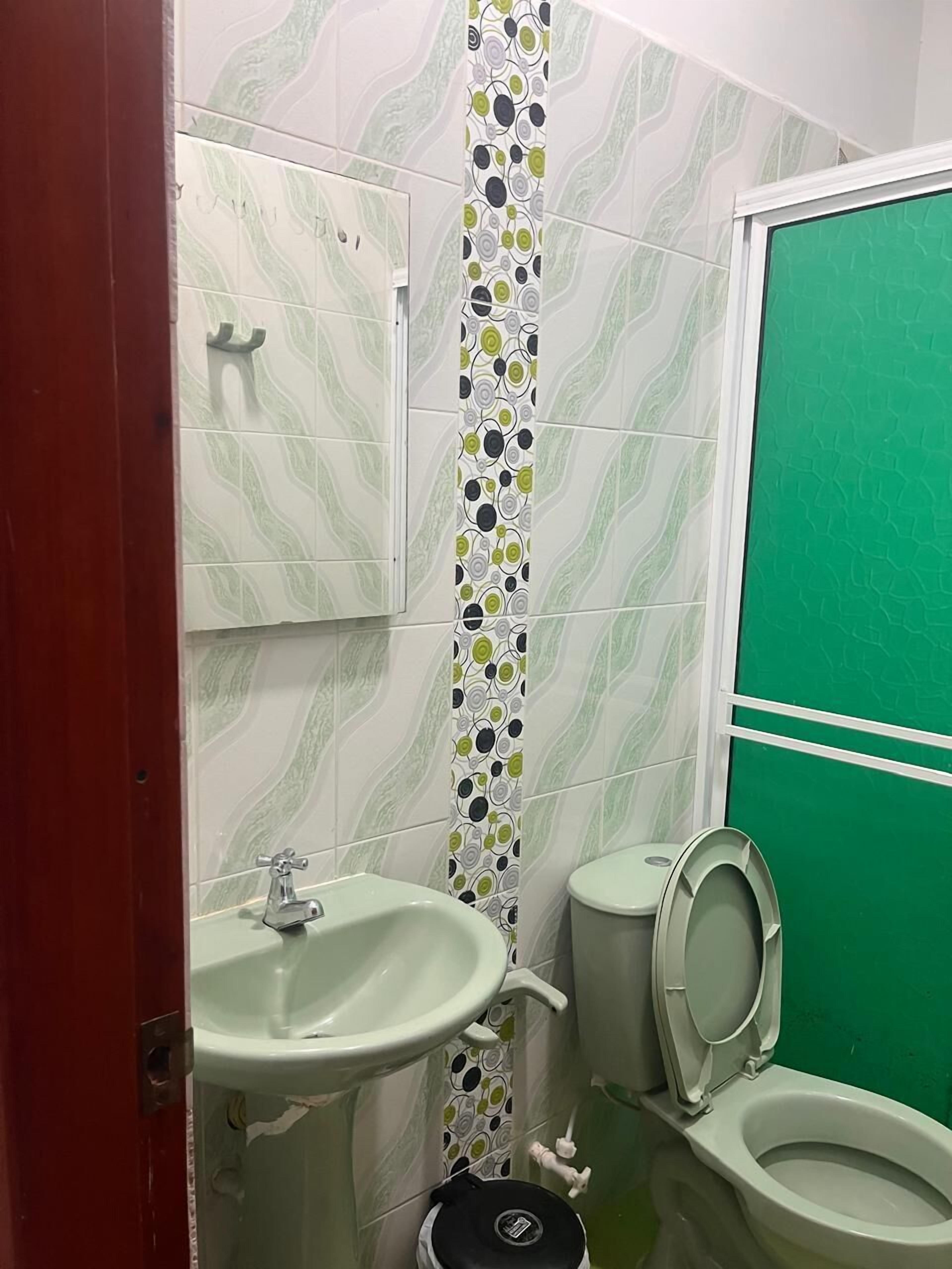 A bathroom with a sink, toilet, and a shower area.