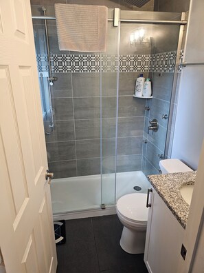 Dusche, Haartrockner, Handtücher, Seife