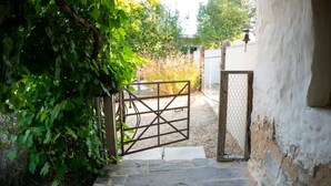 Ein gepflasterter Weg führt zu einem verschlossenen Eingang mit einem Metallgitter, umgeben von Grünpflanzen und einer weißen Mauer.