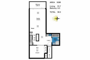 Plantegning af et hotelværelse med et opholdsareal på 51,7 kvadratmeter, en balkon på 6,3 kvadratmeter og et samlet areal på 58,0 kvadratmeter.