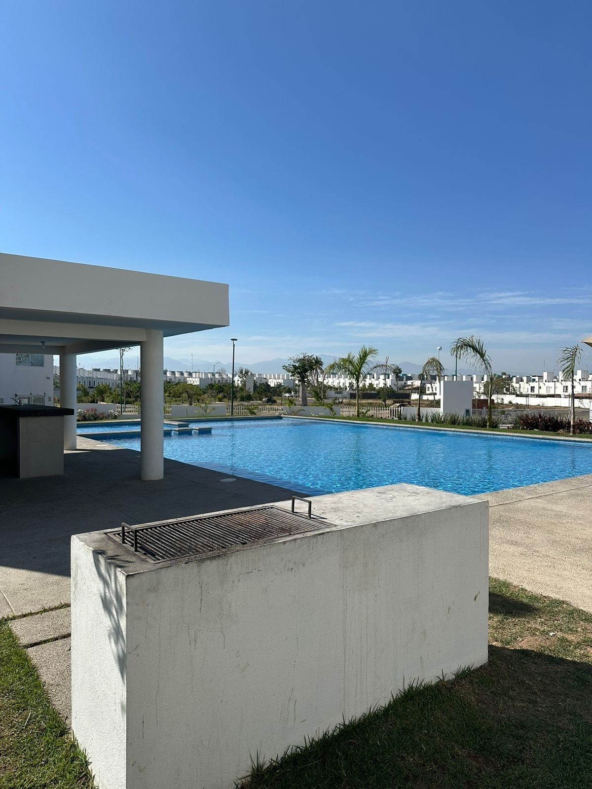 Une piscine extérieure moderne dotée d’un espace détente couvert et d’un bac à plantes en béton.