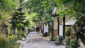 A pathway lined with lush greenery and palm trees, leading to a building with a traditional architectural style. - Puri Raka Villa (Seririt)