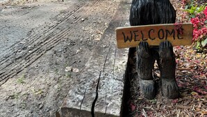 A rustic wooden sign with "WELCOME" in front of a bear statue, a red house with a porch, and a forested background. - 🏡Little Bear Cabin In Helen🐻 (Helen)