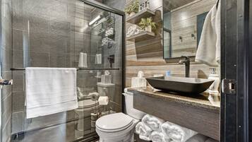 Shower, jetted bath, eco-friendly toiletries, hair dryer