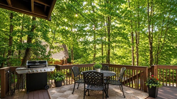 An outdoor deck with a grill, chairs, and potted plants. - New Listing: On the Rocks in the Hideout (Lake Ariel)