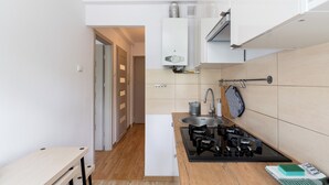 A compact kitchen with a gas stove, a sink, and a white cabinet above the stove. - Olsza Comfy Apartment (Kraków)