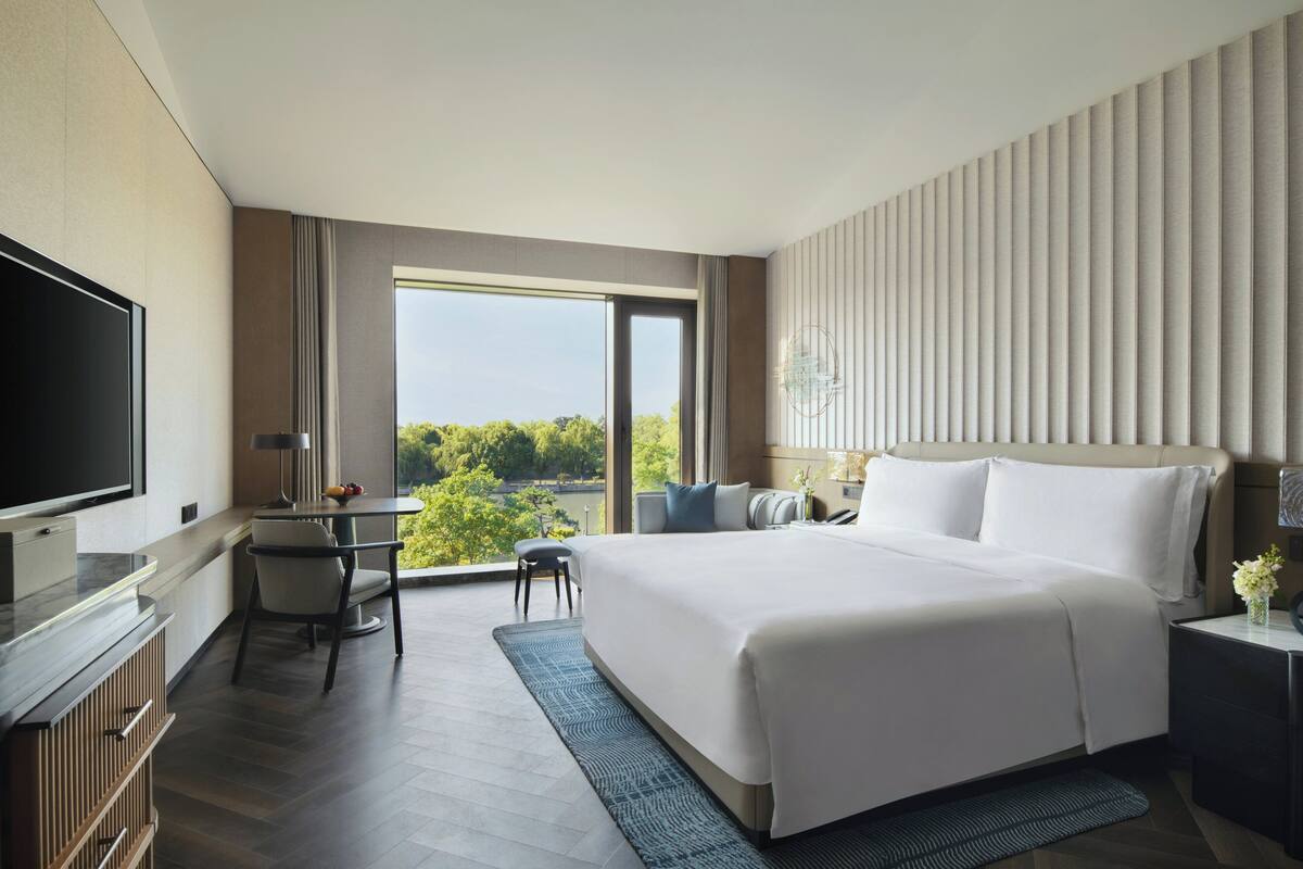 A modern hotel room with a large bed, a desk, a television, and a view of greenery through the window.
