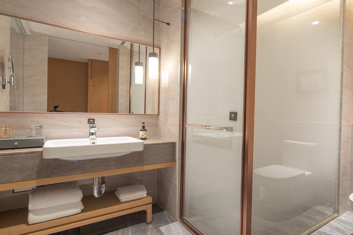 Een moderne badkamer met een douchecabine van glas, een wastafel met spiegel erboven en een toilet.