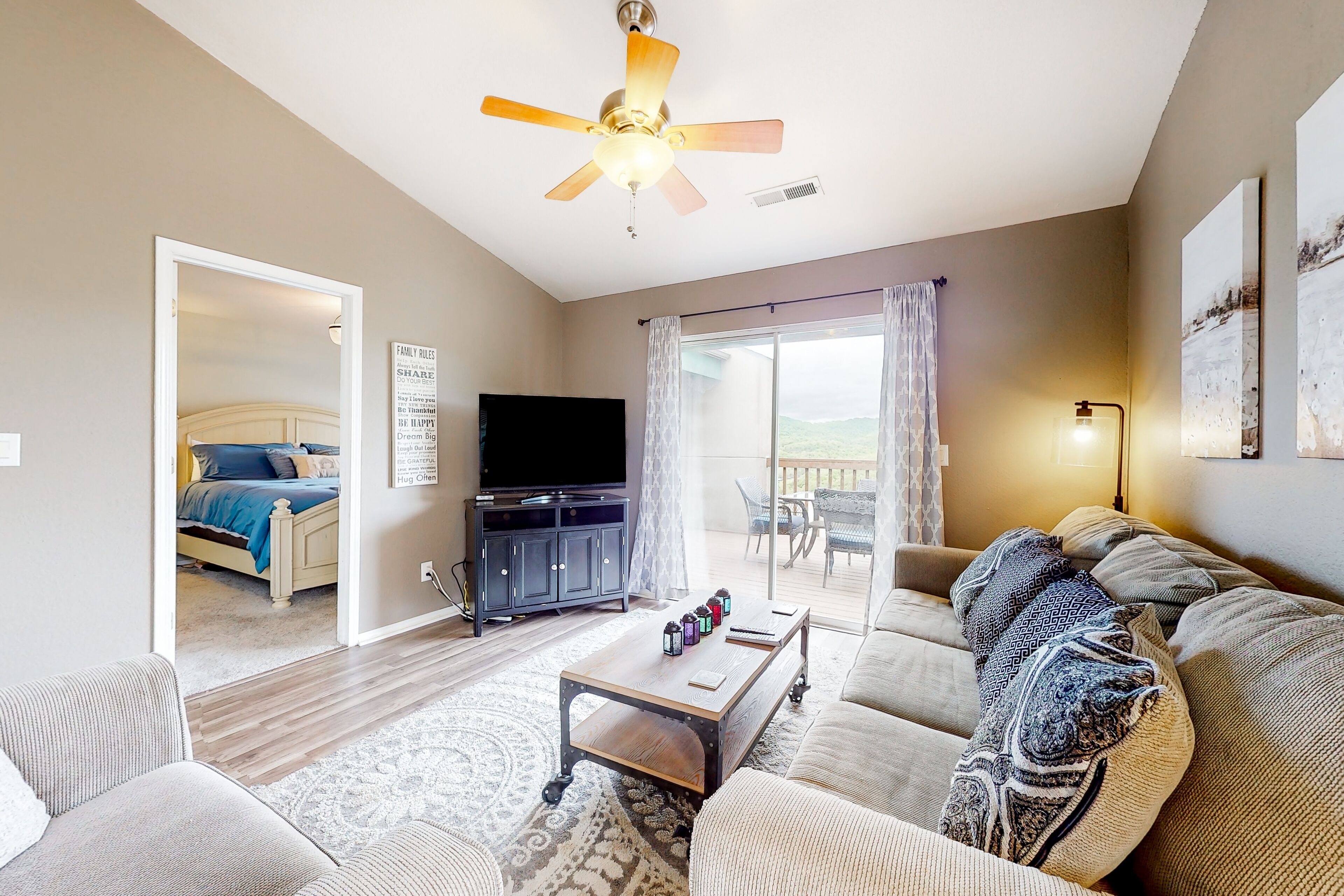 Lake-view condo with hot tub, outdoor pool, tennis, game room, deck, W/D, AC