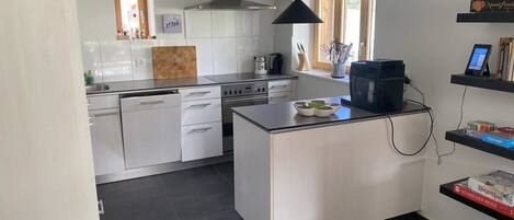 Fridge, oven, dishwasher, cookware/dishes/utensils