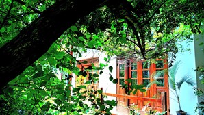 A wooden house with large windows and a balcony, surrounded by lush green foliage. - solitary resort  (Ella)