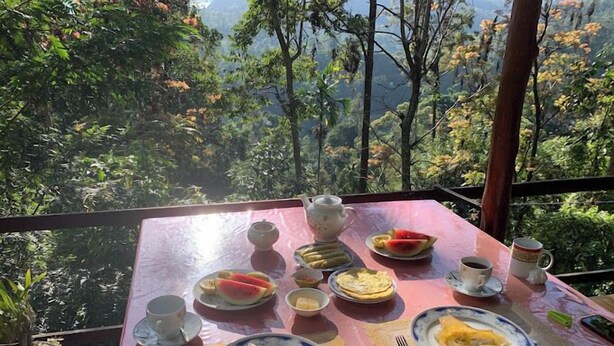 A table set with breakfast items including toast, eggs, and fruit, overlooking a forested landscape. - solitary resort  (Ella)