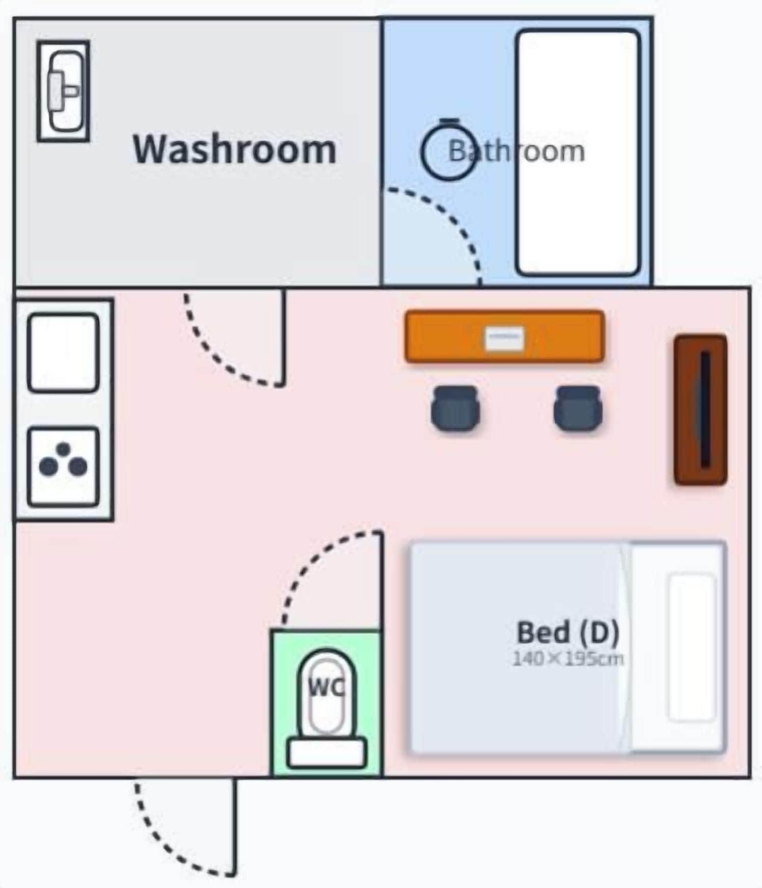 A hotel room layout with a bed, washroom, and bathroom.