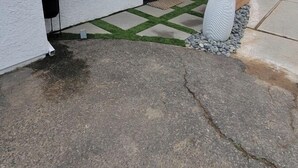 Uma casa moderna com porta preta, um pequeno jardim com planta em vaso e um caminho de acesso de concreto.