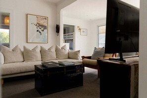 Smart TV, fireplace, books