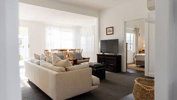 Smart TV, fireplace, books