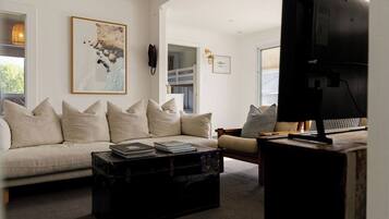 Smart TV, fireplace, books