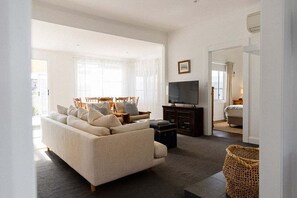 Smart TV, fireplace, books