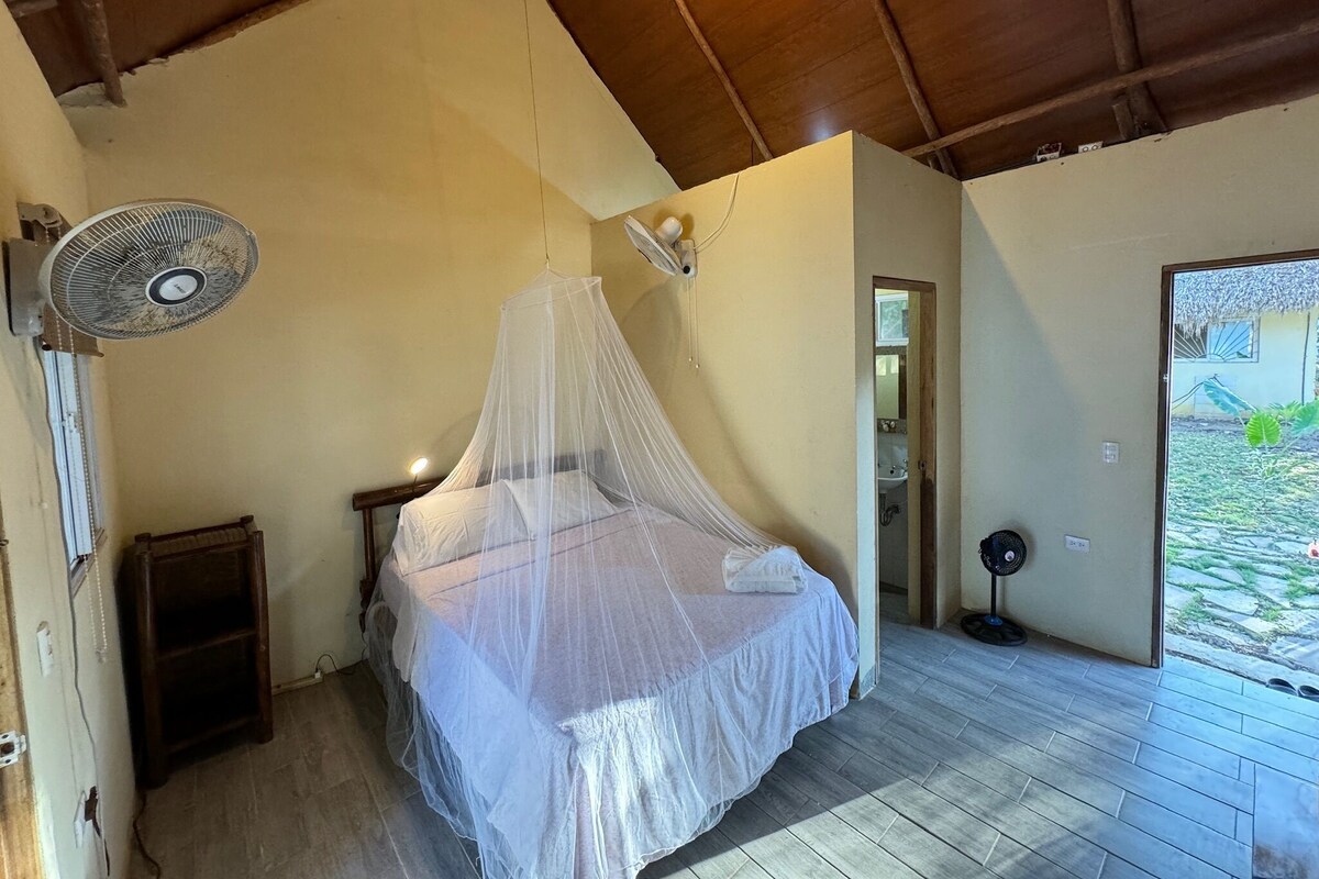 A bedroom with a bed under a mosquito net, a standing fan, and a view of a garden through an open door.