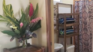 Baño con inodoro, lavabo y zona de ducha. Se observa una estantería de madera con un florero y una mesita.